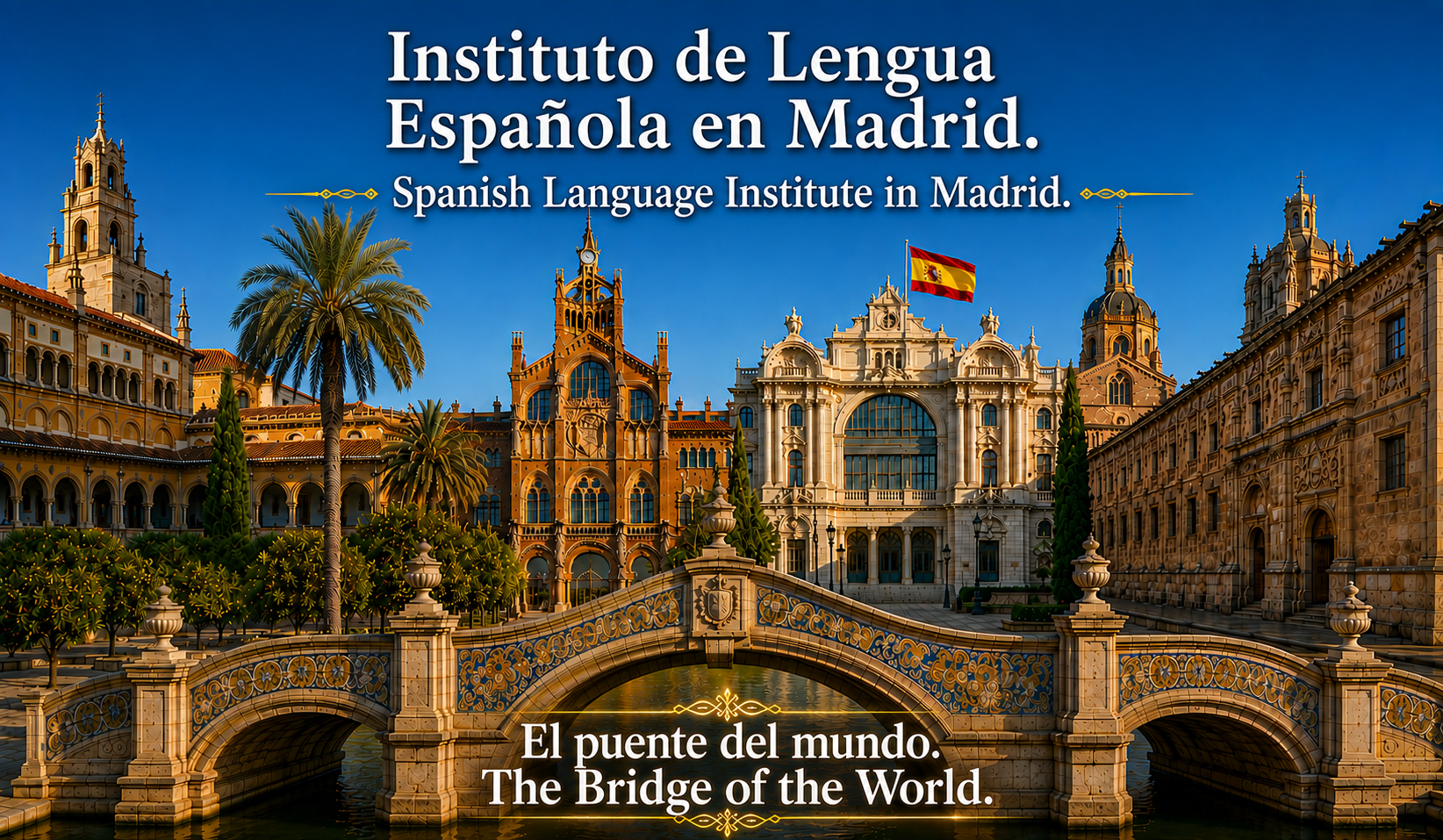 A panoramic collage of Spanish university architecture with the title Spanish Language Institute Madrid and a Spanish flag.